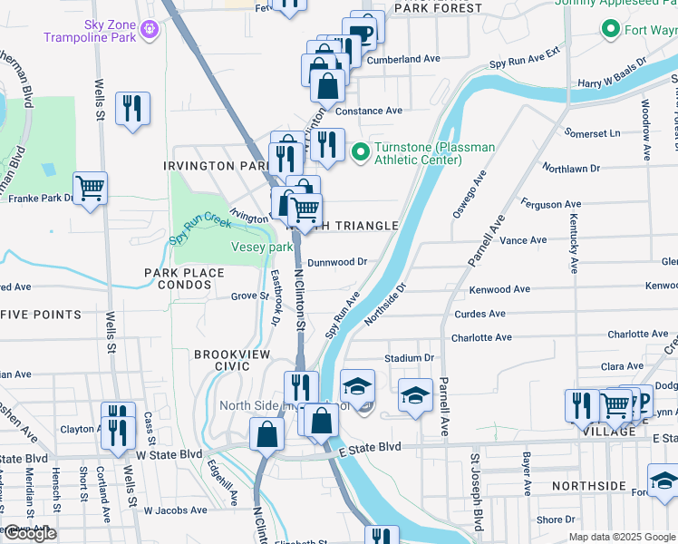 map of restaurants, bars, coffee shops, grocery stores, and more near 332 Dunnwood Drive in Fort Wayne