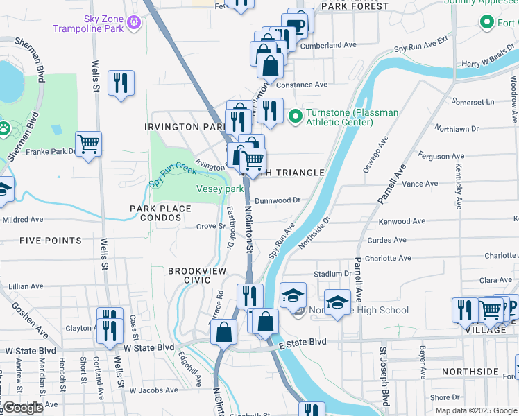 map of restaurants, bars, coffee shops, grocery stores, and more near 332 Dunnwood Drive in Fort Wayne