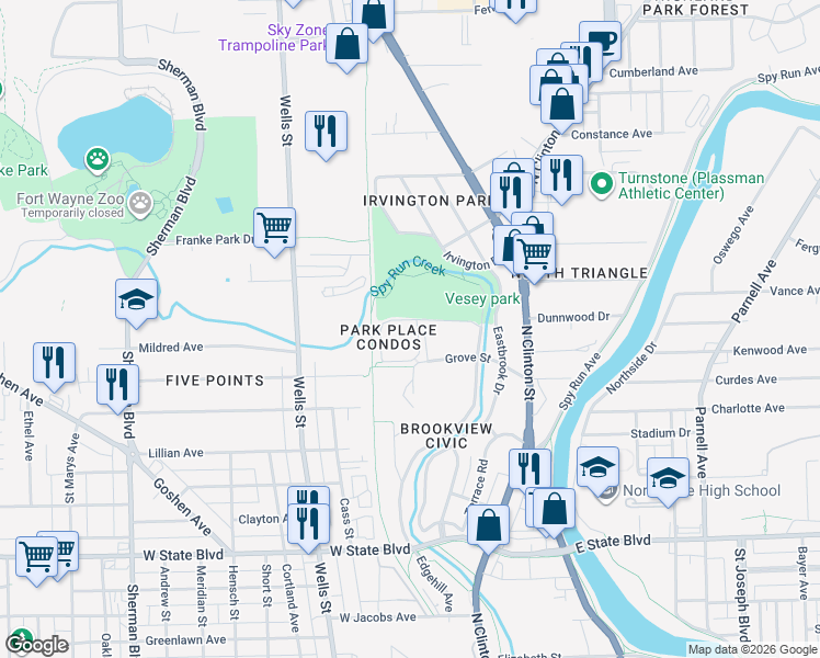 map of restaurants, bars, coffee shops, grocery stores, and more near 100 Young Drive in Fort Wayne