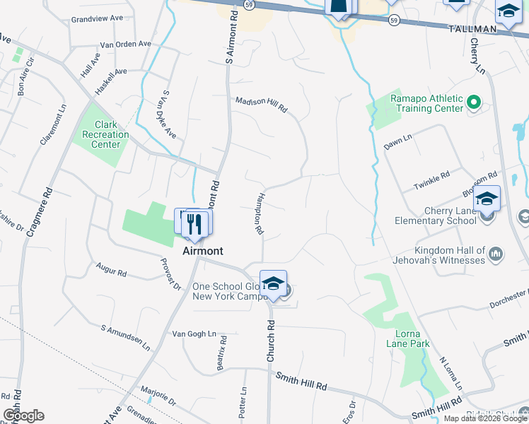 map of restaurants, bars, coffee shops, grocery stores, and more near 12 Hampton Road in Airmont