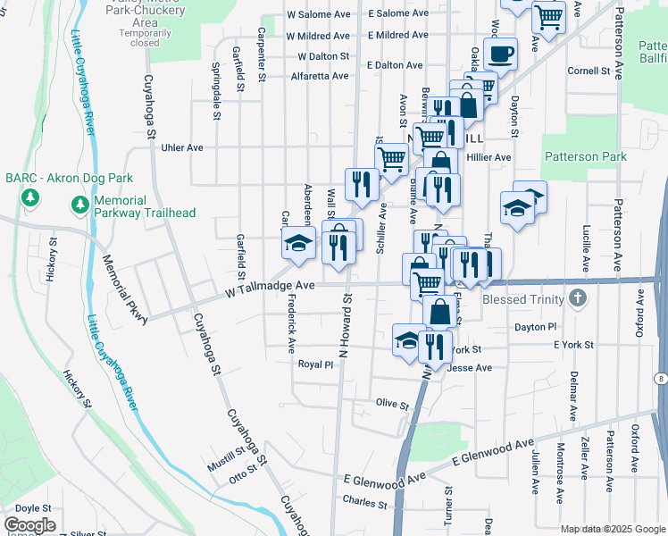 map of restaurants, bars, coffee shops, grocery stores, and more near 640-644 North Howard Street in Akron