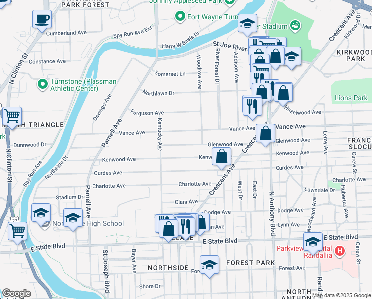 map of restaurants, bars, coffee shops, grocery stores, and more near 1229 Kenwood Avenue in Fort Wayne