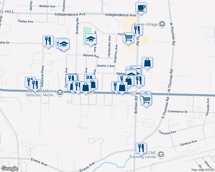 map of restaurants, bars, coffee shops, grocery stores, and more near 1438 Alphada Avenue in Akron