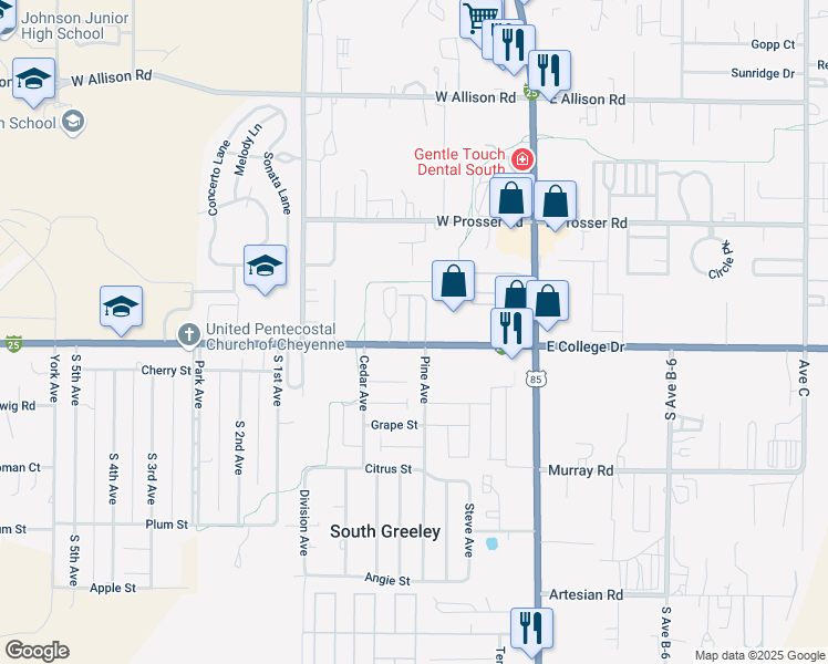 map of restaurants, bars, coffee shops, grocery stores, and more near 420 West College Drive in Cheyenne