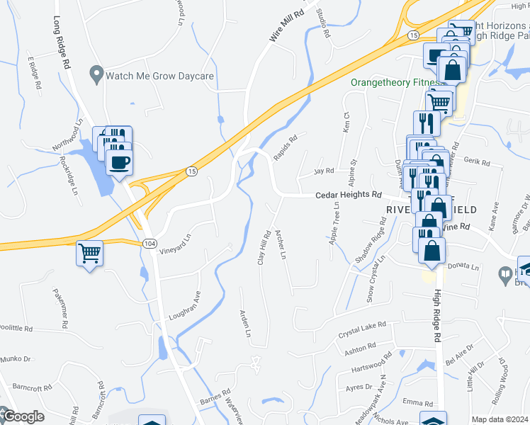 map of restaurants, bars, coffee shops, grocery stores, and more near 12 Timber Lane in Stamford