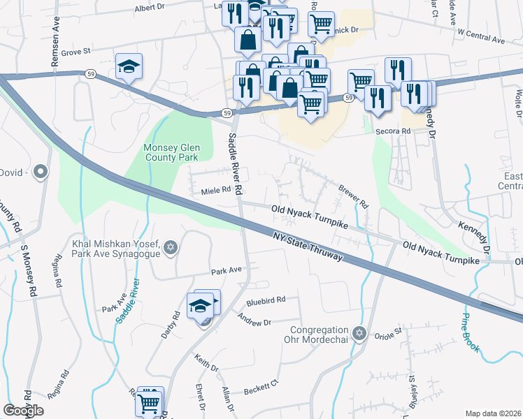 map of restaurants, bars, coffee shops, grocery stores, and more near 15 Old Nyack Turnpike in Monsey