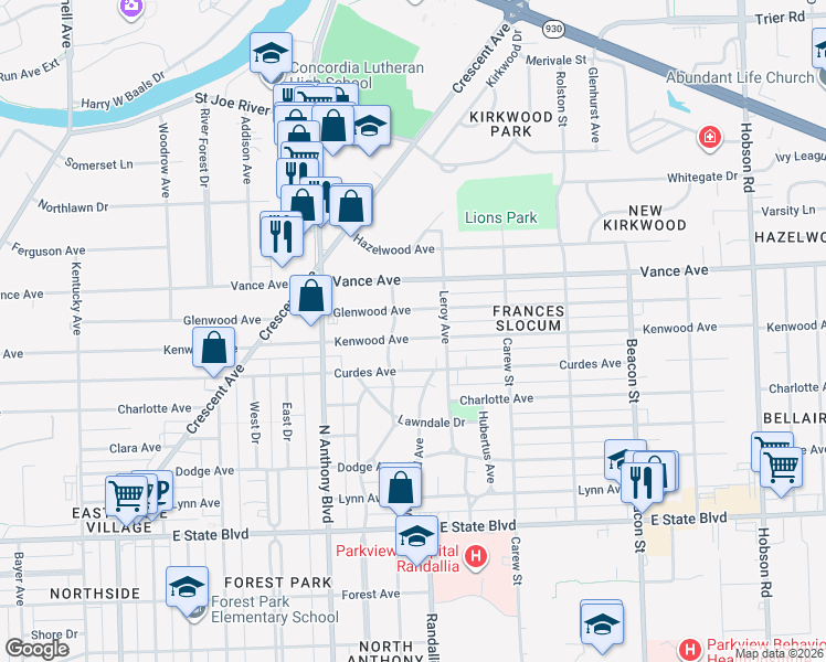 map of restaurants, bars, coffee shops, grocery stores, and more near 2110 Glenwood Avenue in Fort Wayne