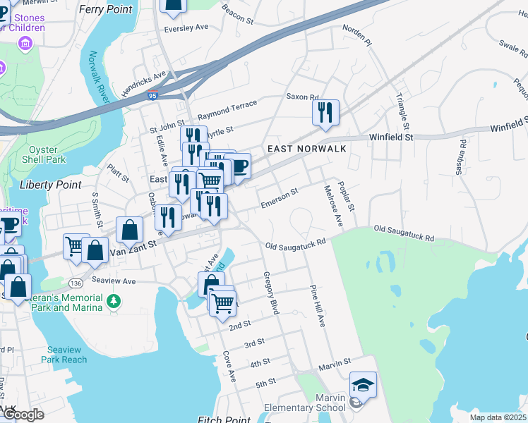 map of restaurants, bars, coffee shops, grocery stores, and more near 12 Emerson St in Norwalk