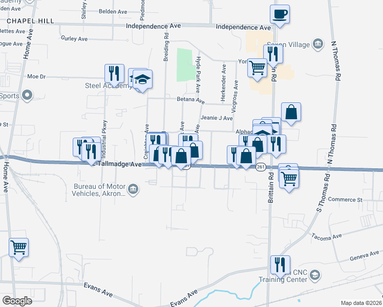 map of restaurants, bars, coffee shops, grocery stores, and more near 1445 Hyde Park Avenue in Akron