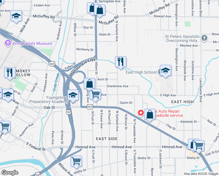 map of restaurants, bars, coffee shops, grocery stores, and more near 1207 Grandview Avenue in Youngstown