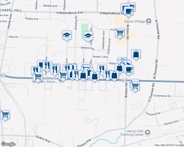 map of restaurants, bars, coffee shops, grocery stores, and more near 1445 Hyde Park Avenue in Akron