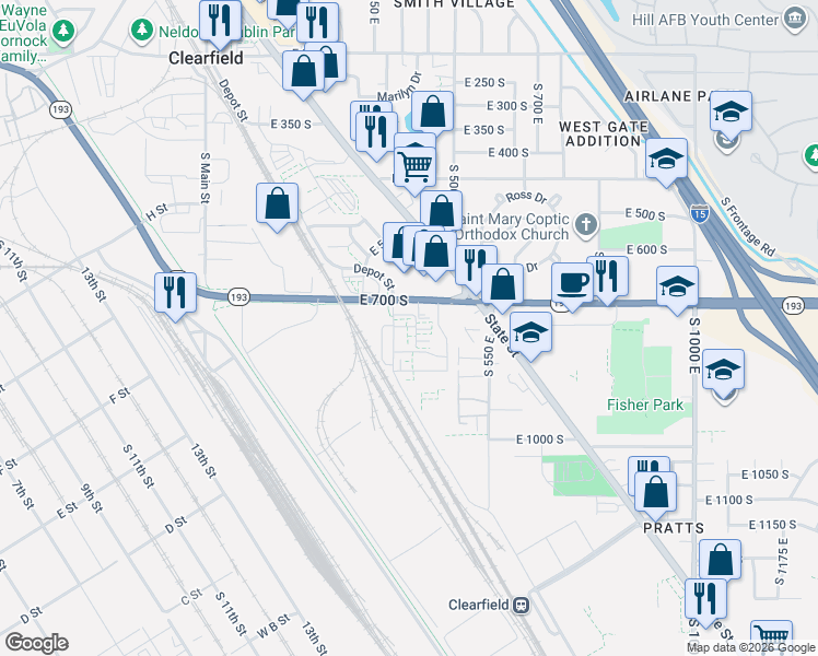 map of restaurants, bars, coffee shops, grocery stores, and more near 797 South Cowans Court in Clearfield