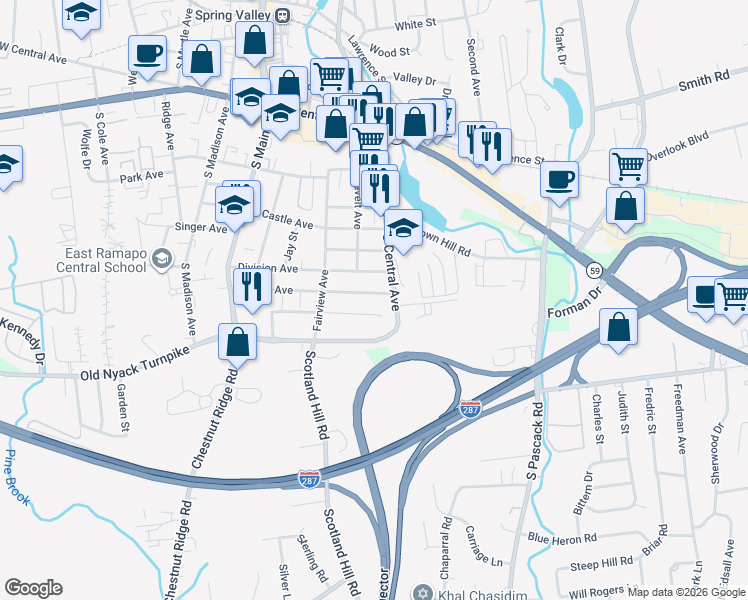 map of restaurants, bars, coffee shops, grocery stores, and more near 76 Gerow Avenue in Spring Valley