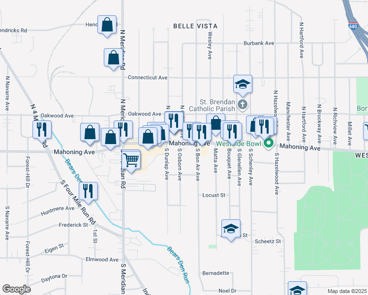 map of restaurants, bars, coffee shops, grocery stores, and more near 3143 Mahoning Avenue in Youngstown