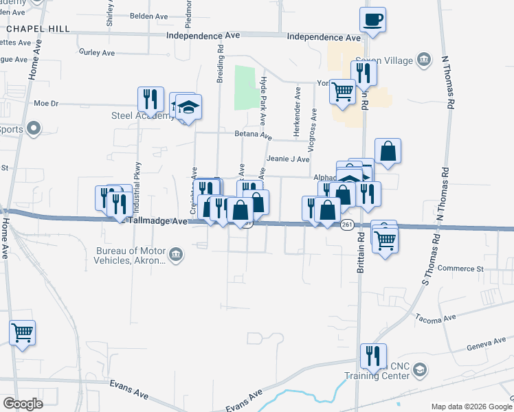 map of restaurants, bars, coffee shops, grocery stores, and more near 1445 Hyde Park Avenue in Akron