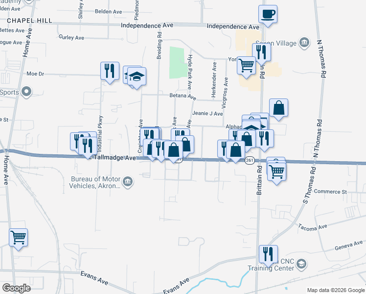 map of restaurants, bars, coffee shops, grocery stores, and more near 1445 Hyde Park Avenue in Akron