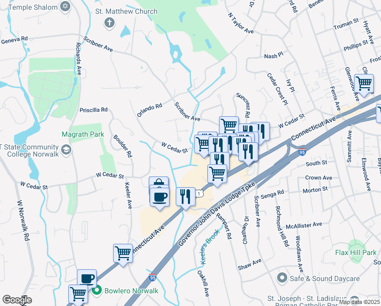 map of restaurants, bars, coffee shops, grocery stores, and more near 267 West Cedar Street in Norwalk