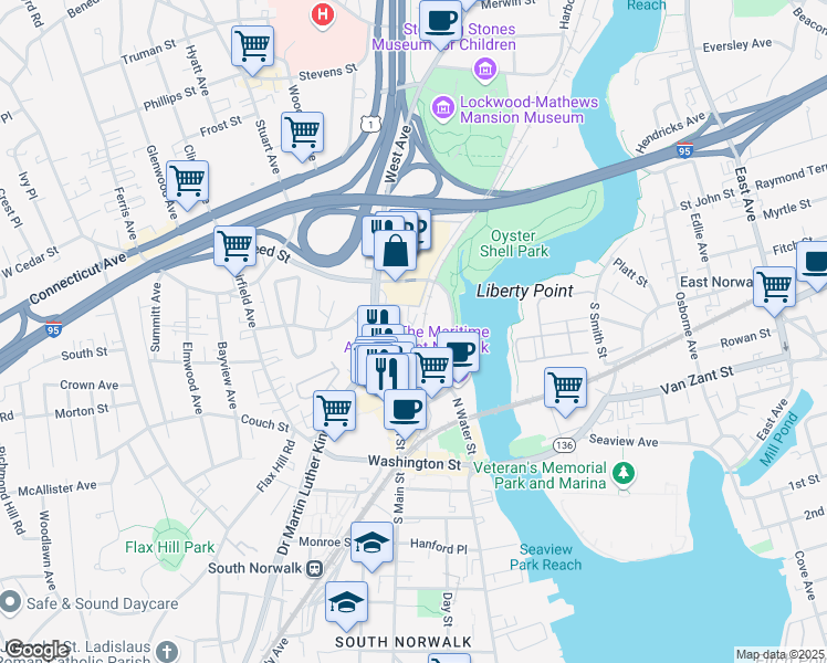 map of restaurants, bars, coffee shops, grocery stores, and more near 32 Pine Street in Norwalk