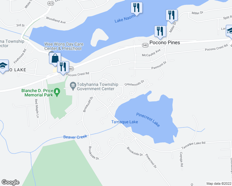 map of restaurants, bars, coffee shops, grocery stores, and more near 521 Rondaxe Lane in Long Pond