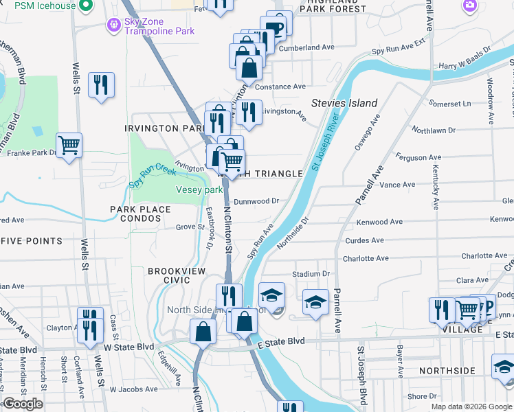 map of restaurants, bars, coffee shops, grocery stores, and more near 344 Dunnwood Drive in Fort Wayne