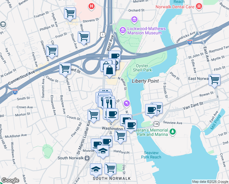 map of restaurants, bars, coffee shops, grocery stores, and more near 32 Pine Street in Norwalk