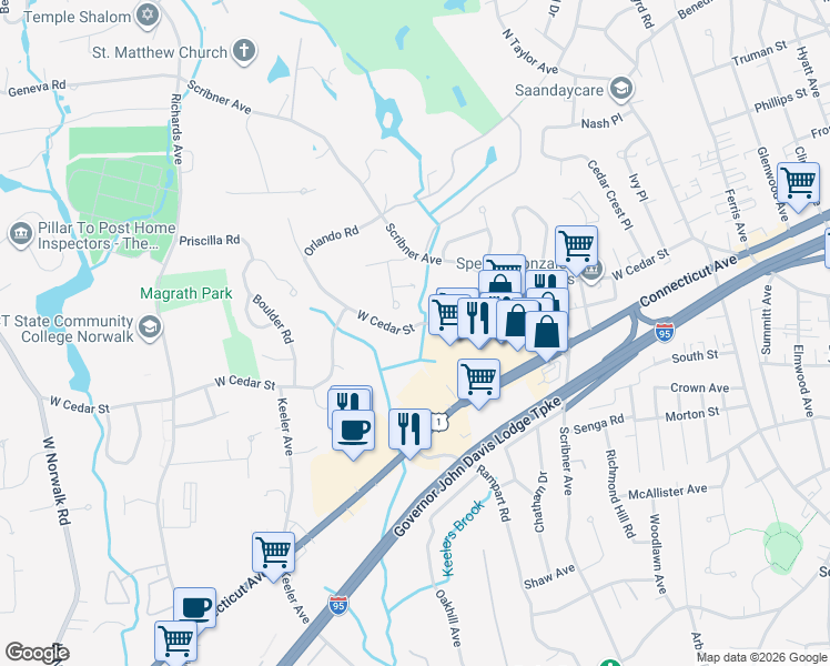 map of restaurants, bars, coffee shops, grocery stores, and more near 267 West Cedar Street in Norwalk