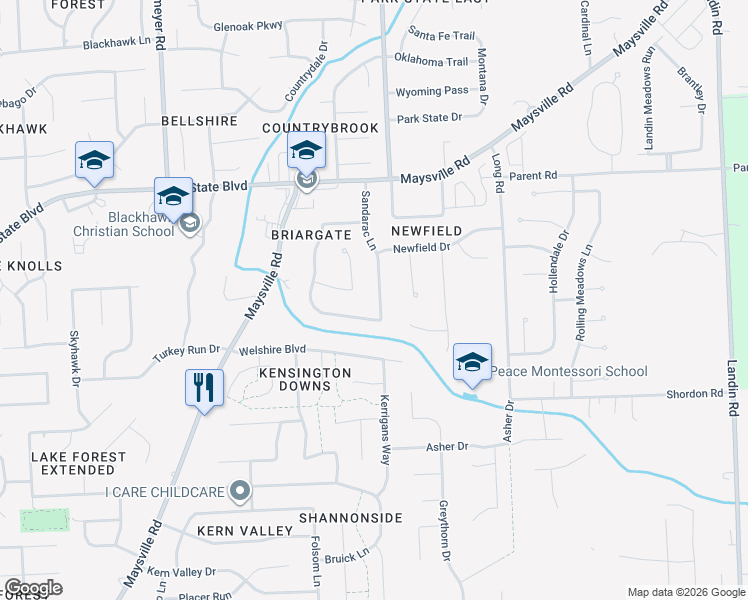 map of restaurants, bars, coffee shops, grocery stores, and more near 2703 Sandarac Lane in Fort Wayne