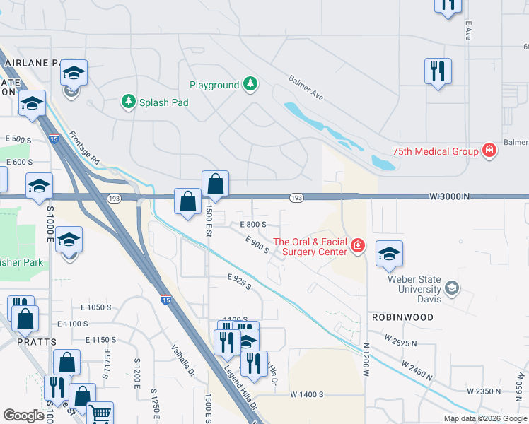 map of restaurants, bars, coffee shops, grocery stores, and more near 711 South 1600 East in Clearfield