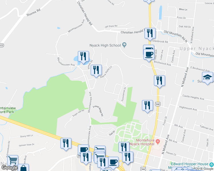 map of restaurants, bars, coffee shops, grocery stores, and more near 374 Sierra Vista Lane in Valley Cottage