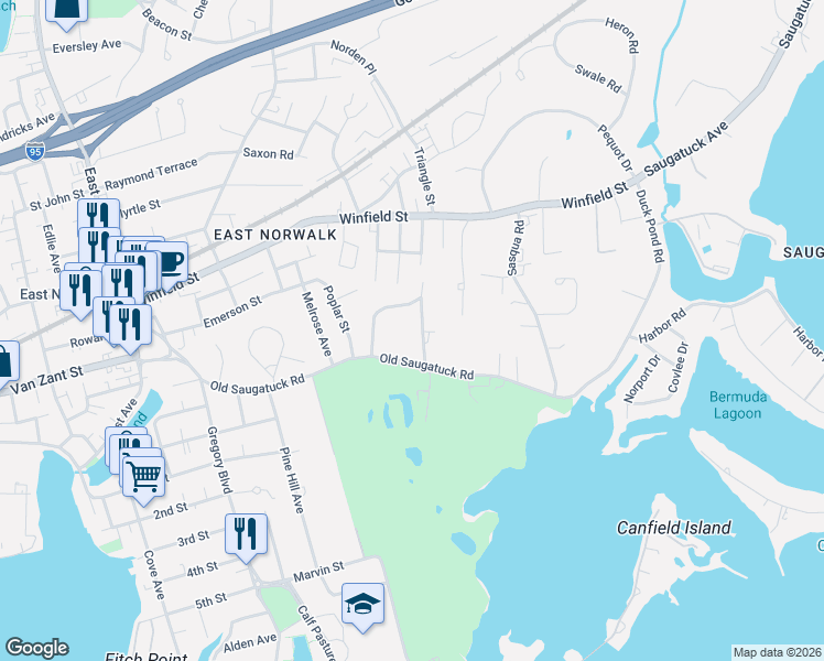 map of restaurants, bars, coffee shops, grocery stores, and more near 5 Cavray Road in Norwalk