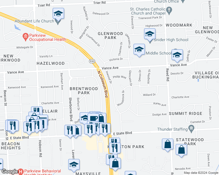 map of restaurants, bars, coffee shops, grocery stores, and more near 2907 Inwood Drive in Fort Wayne