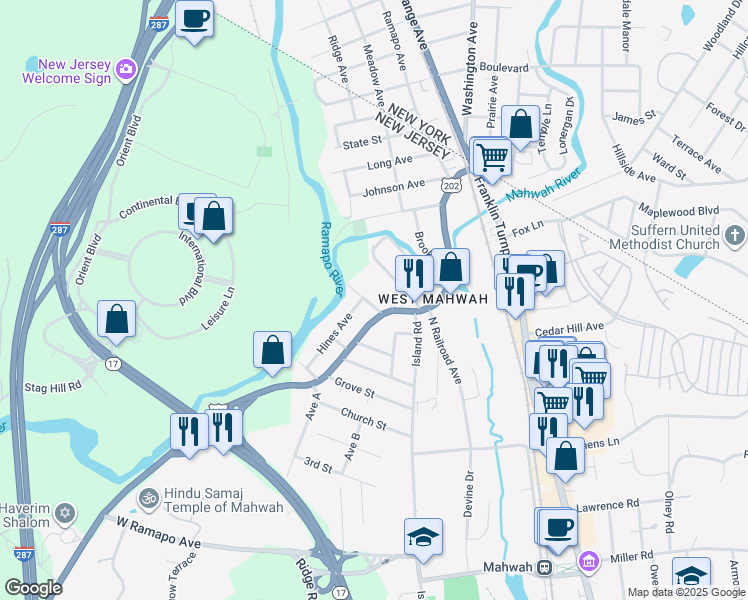 map of restaurants, bars, coffee shops, grocery stores, and more near 100 Strysko Avenue in Mahwah