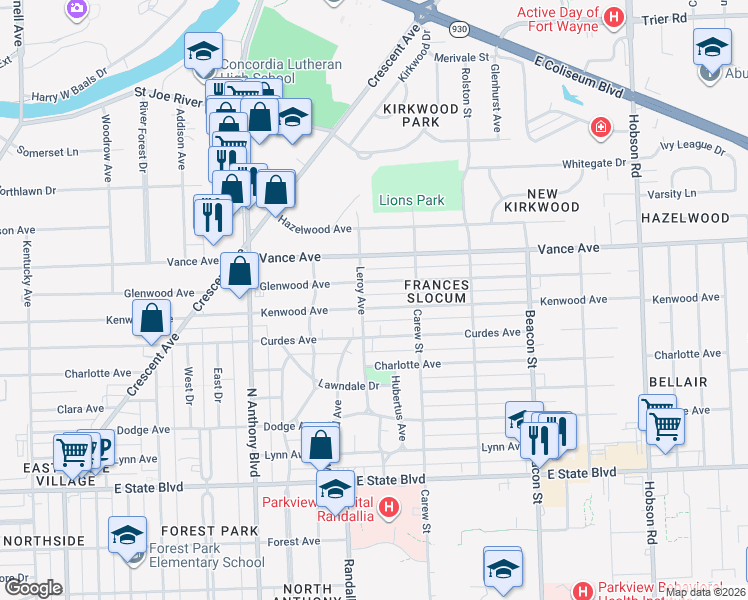 map of restaurants, bars, coffee shops, grocery stores, and more near 2225 Kenwood Avenue in Fort Wayne
