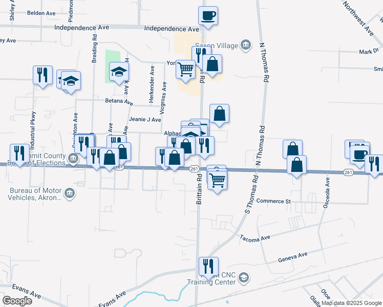 map of restaurants, bars, coffee shops, grocery stores, and more near 1458 Brittain Road in Akron