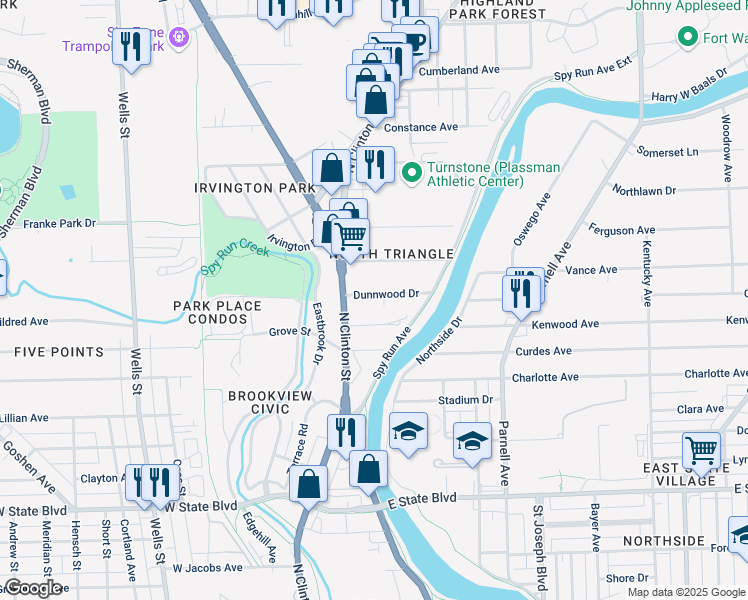 map of restaurants, bars, coffee shops, grocery stores, and more near 332 Dunnwood Drive in Fort Wayne