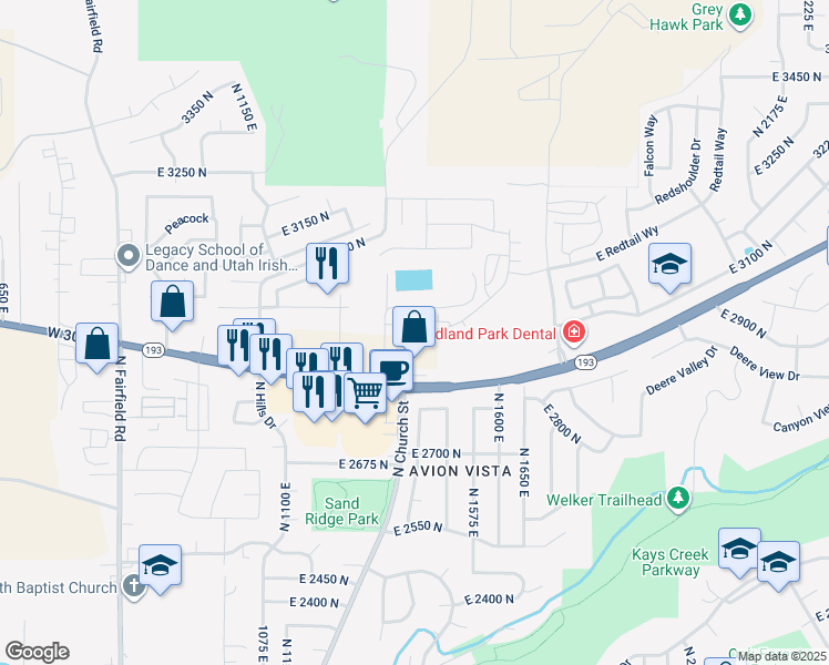 map of restaurants, bars, coffee shops, grocery stores, and more near 2925 Church Street in Layton