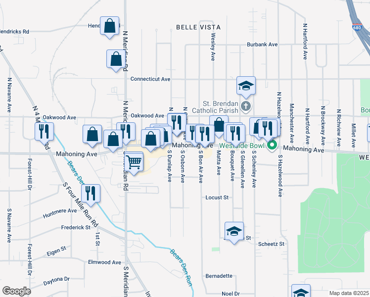 map of restaurants, bars, coffee shops, grocery stores, and more near 3143 Mahoning Avenue in Youngstown