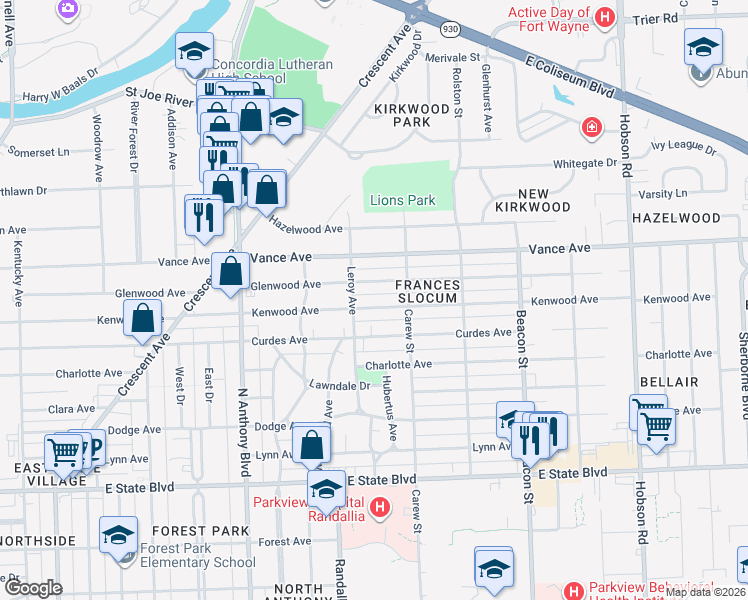 map of restaurants, bars, coffee shops, grocery stores, and more near 2225 Kenwood Ave in Fort Wayne