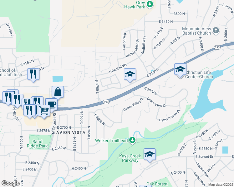 map of restaurants, bars, coffee shops, grocery stores, and more near 1834 East 3100 North in Layton