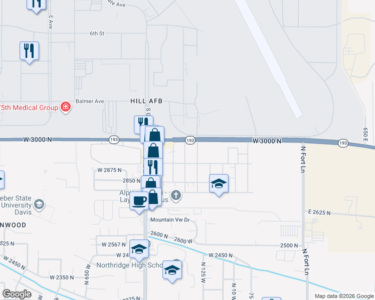 map of restaurants, bars, coffee shops, grocery stores, and more near 180 Cushing Way in Layton