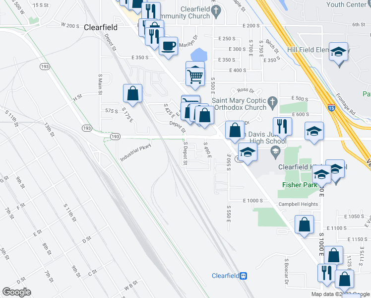 map of restaurants, bars, coffee shops, grocery stores, and more near 444 East 700 South in Clearfield
