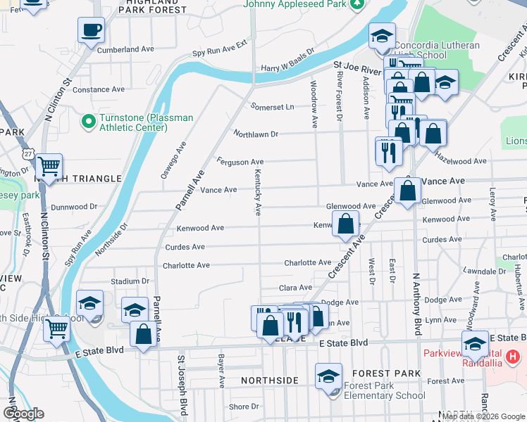 map of restaurants, bars, coffee shops, grocery stores, and more near 2926 Kentucky Avenue in Fort Wayne