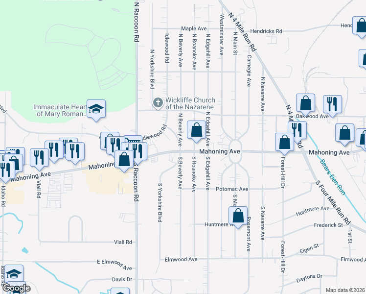 map of restaurants, bars, coffee shops, grocery stores, and more near 12 North Beverly Avenue in Youngstown