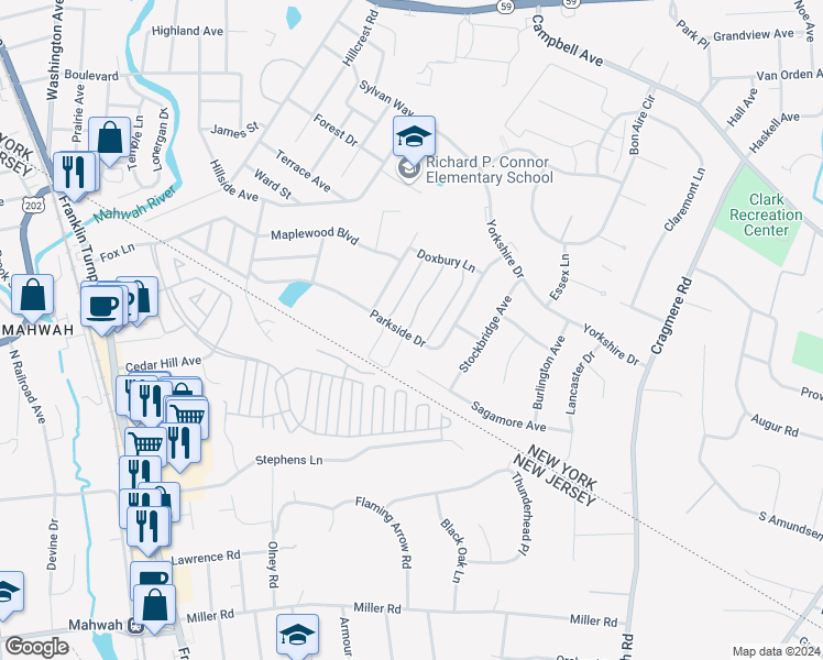 map of restaurants, bars, coffee shops, grocery stores, and more near 94 Parkside Drive in Suffern