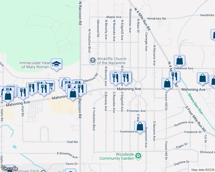 map of restaurants, bars, coffee shops, grocery stores, and more near 12 North Beverly Avenue in Youngstown