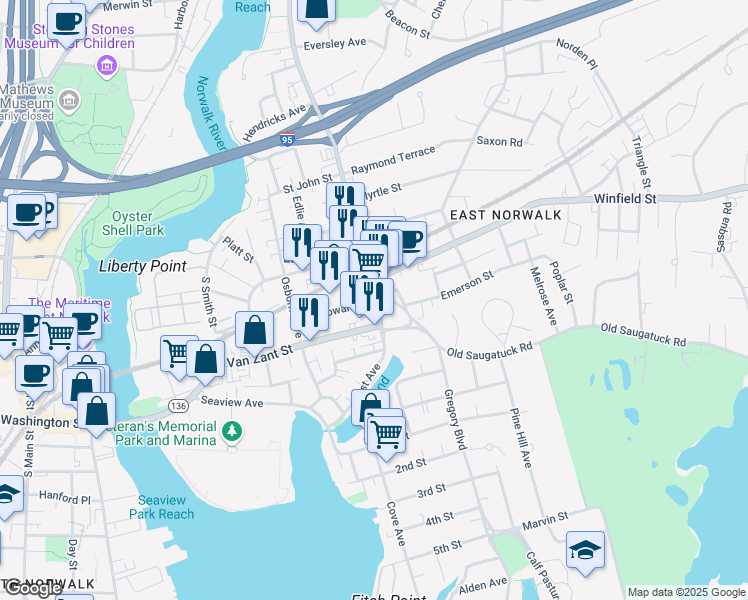 map of restaurants, bars, coffee shops, grocery stores, and more near 244 East Avenue in Norwalk