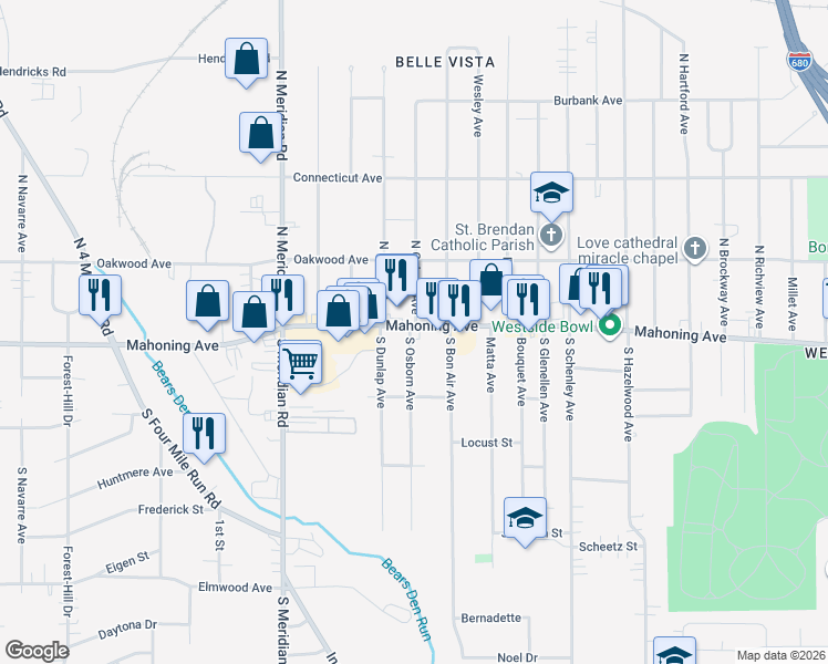 map of restaurants, bars, coffee shops, grocery stores, and more near 3143 Mahoning Avenue in Youngstown