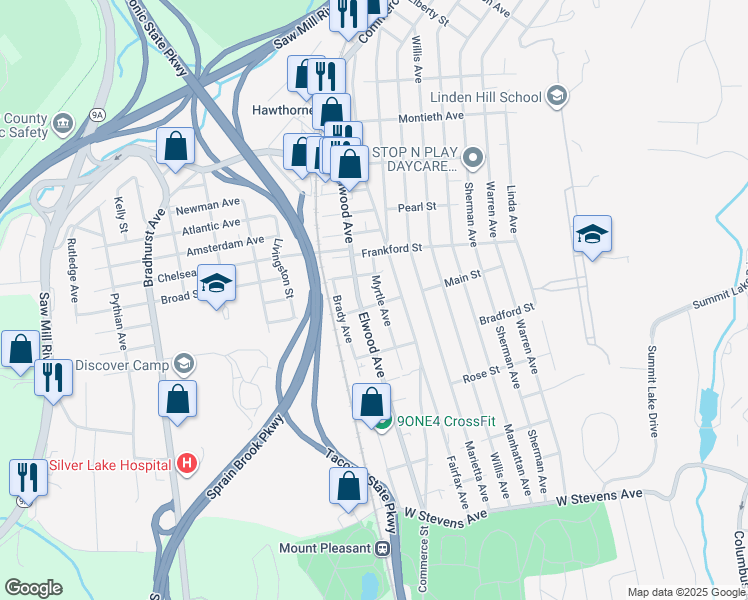 map of restaurants, bars, coffee shops, grocery stores, and more near 21 Main Street in Hawthorne