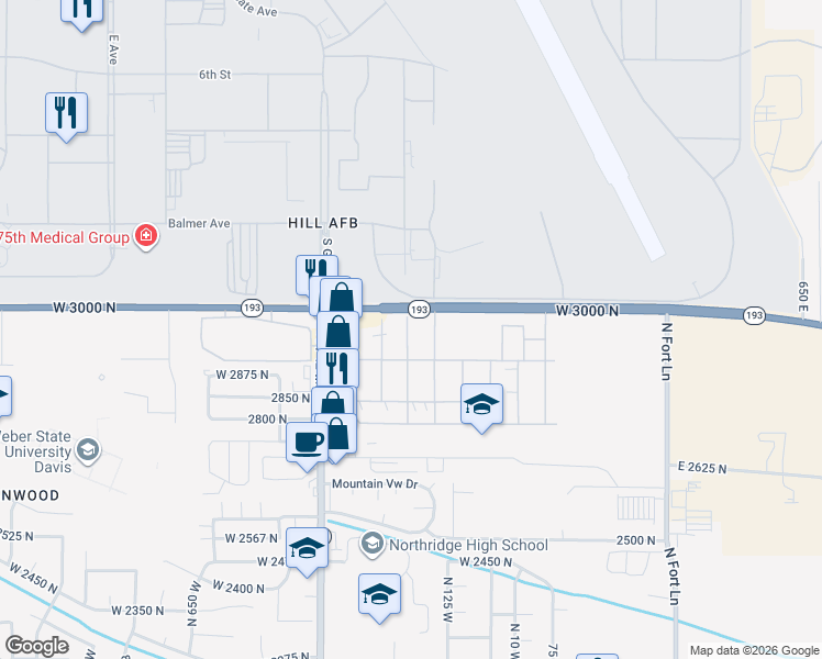 map of restaurants, bars, coffee shops, grocery stores, and more near 180 Cushing Way in Layton