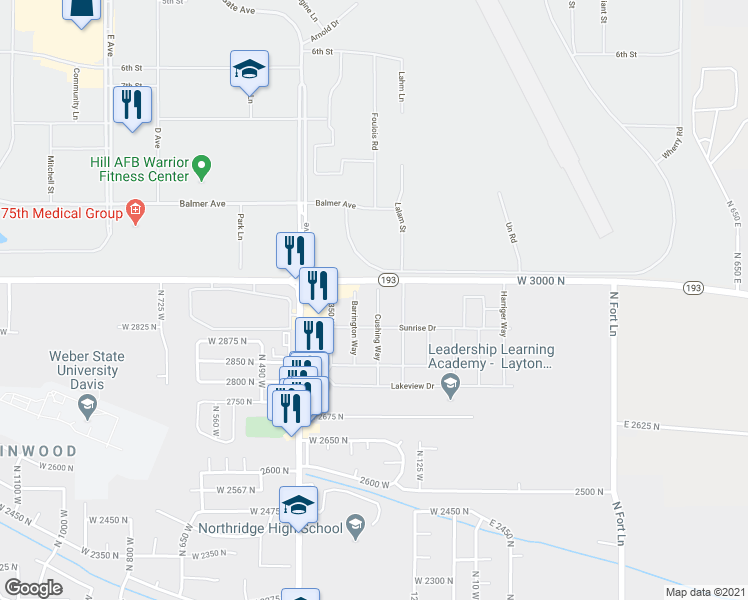 map of restaurants, bars, coffee shops, grocery stores, and more near 180 Cushing Way in Layton